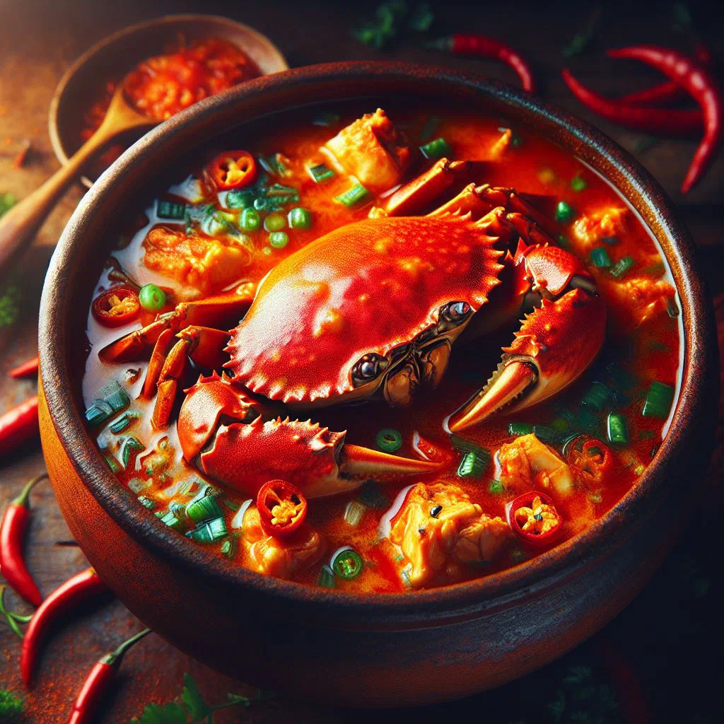Spicy crab stew in a deep bowl with coconut broth, coriander and lime wedges