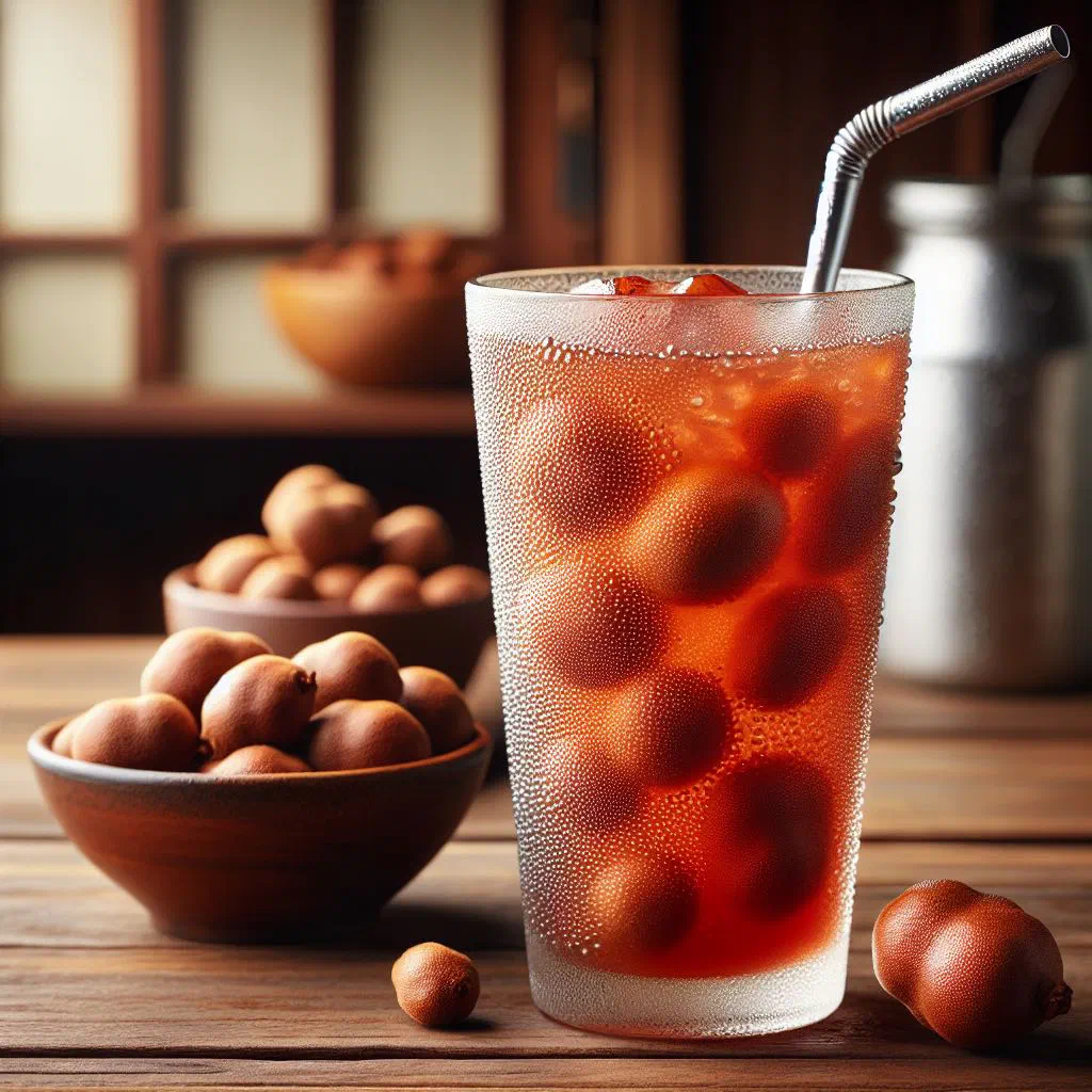 Chilled tamarind juice in a tall glass with ice and mint