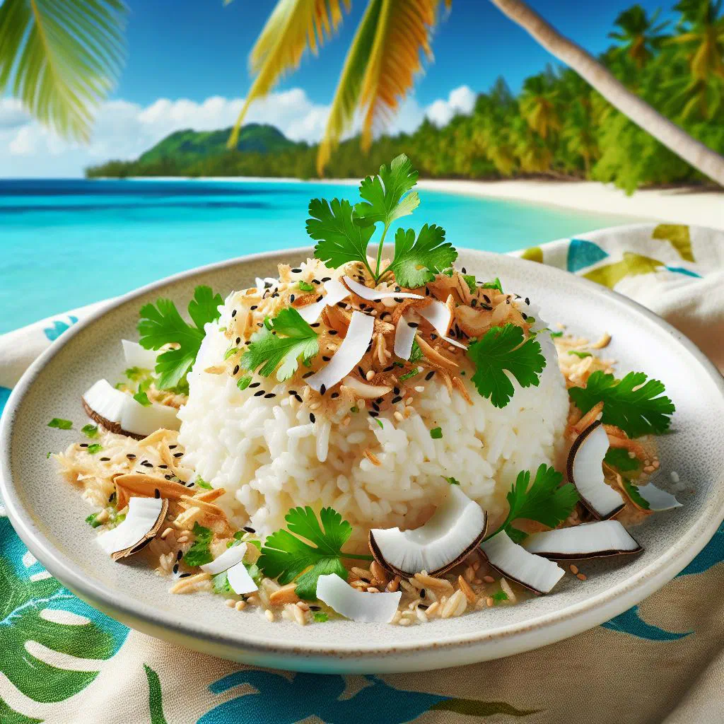 Fluffy coconut rice garnished with fresh herbs and grated coconut