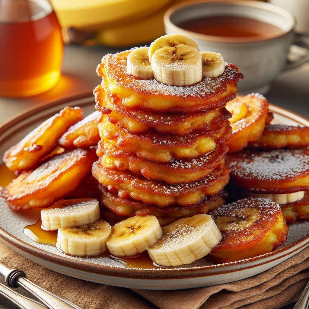 Golden banana fritters piled on a plate and dusted with icing sugar