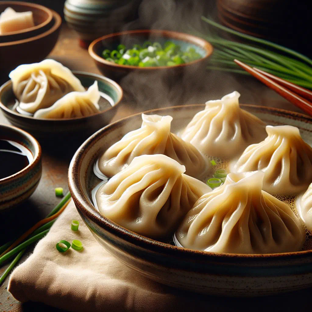 Soft boiled dumplings on a plate garnished with fresh herbs