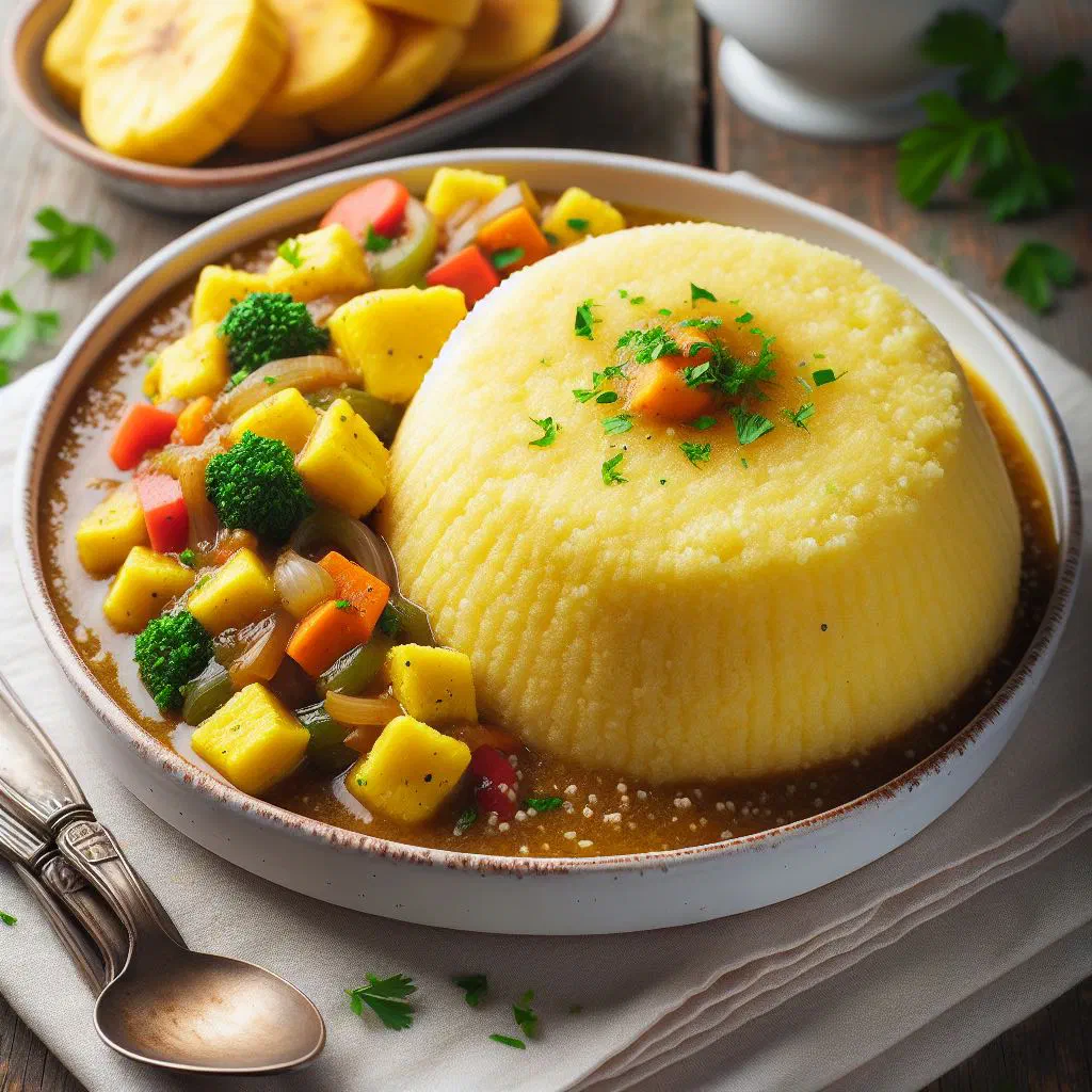 Creamy breadfruit cou-cou served with okra and a piece of fried fish