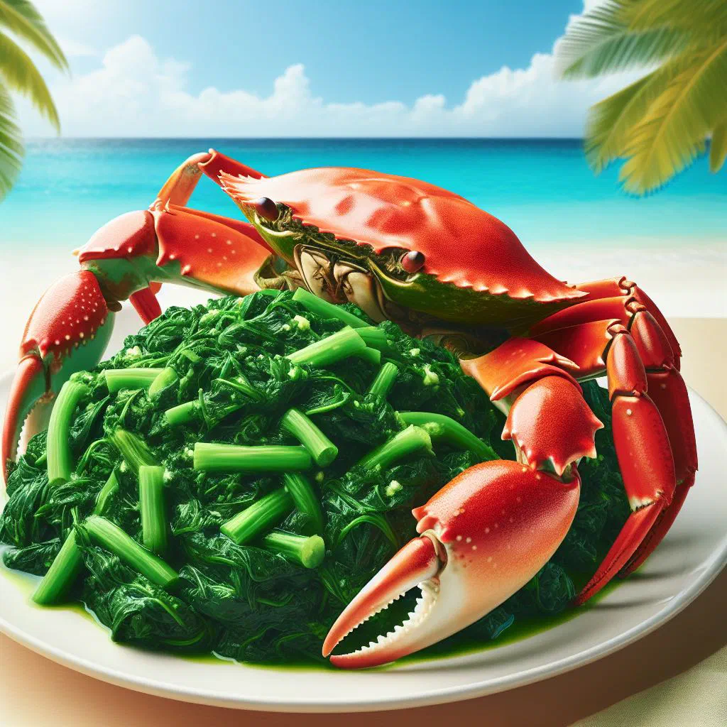 Callaloo and crab simmered in coconut milk, garnished with fresh herbs