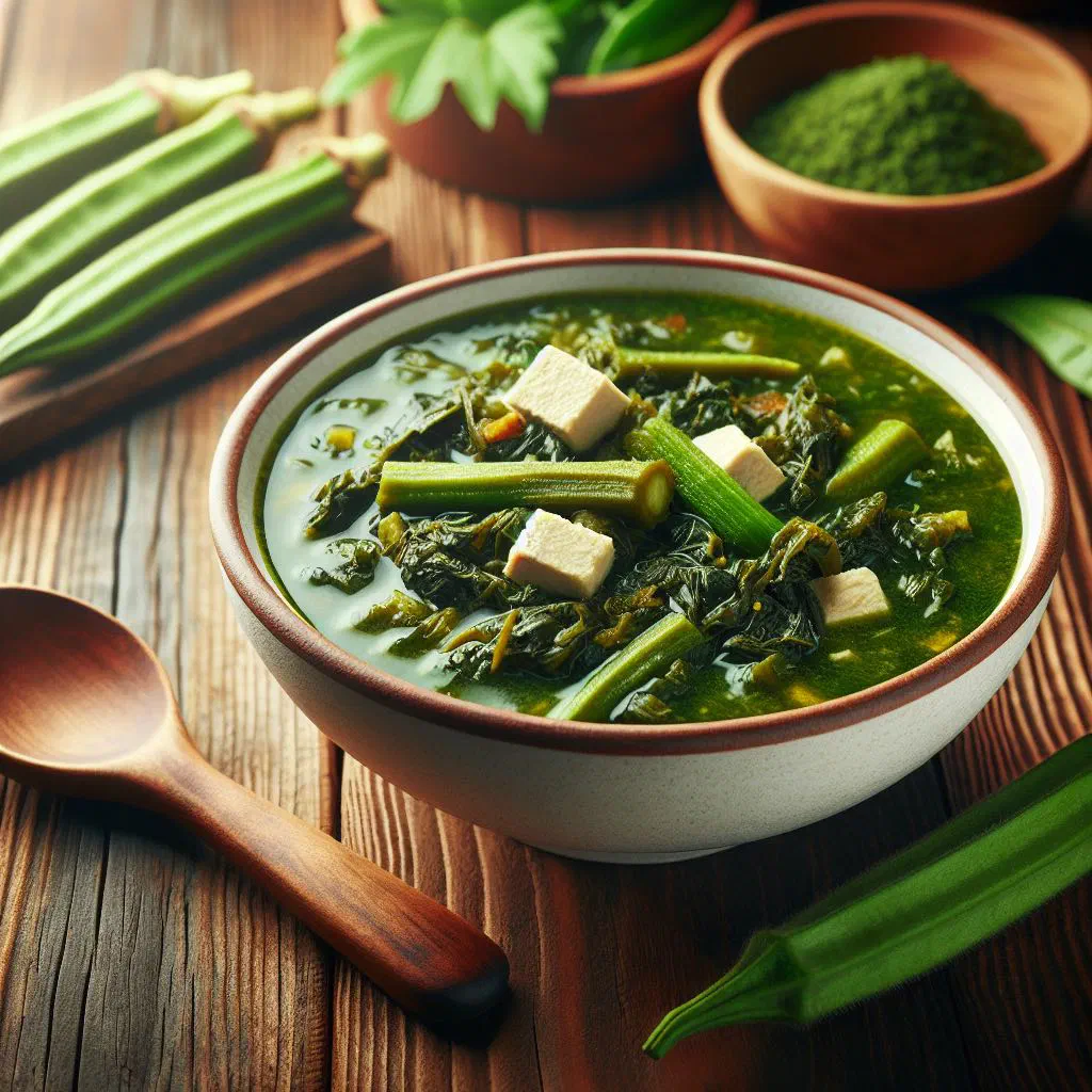 Creamy green callaloo soup in a bowl with a swirl of coconut milk