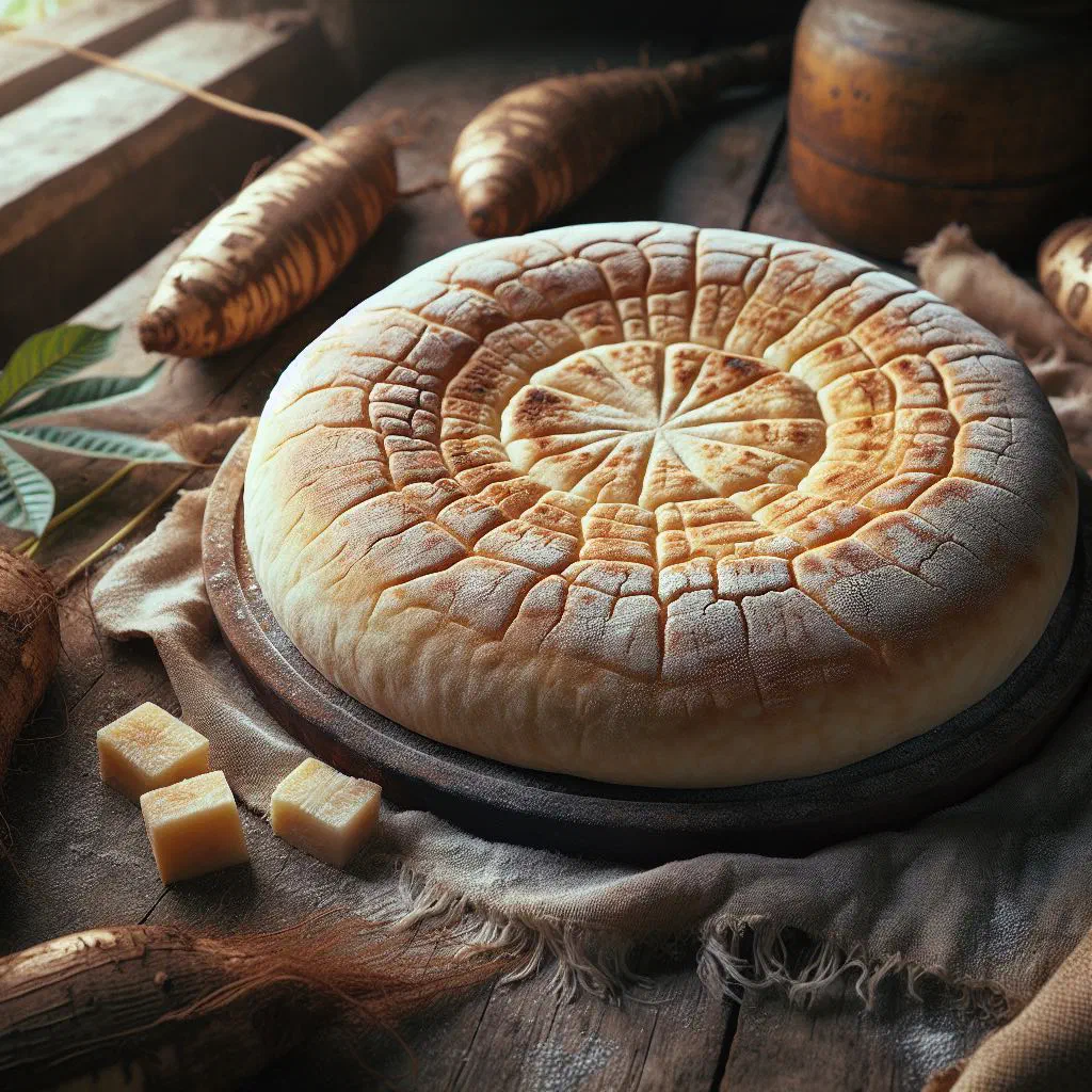 Round cassava bread flatbreads cooling on a wooden board