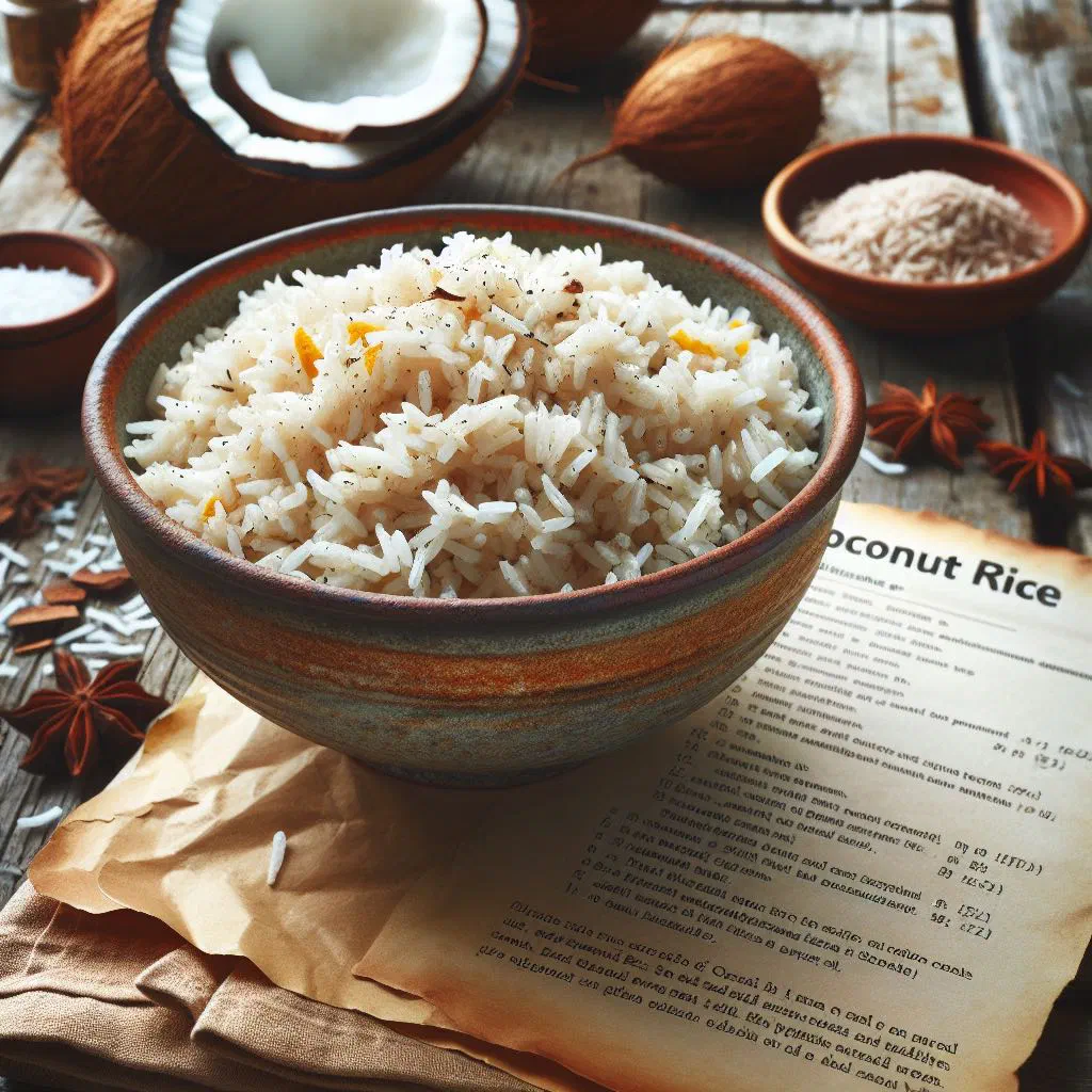 Bowl of fluffy coconut rice garnished with fresh herbs
