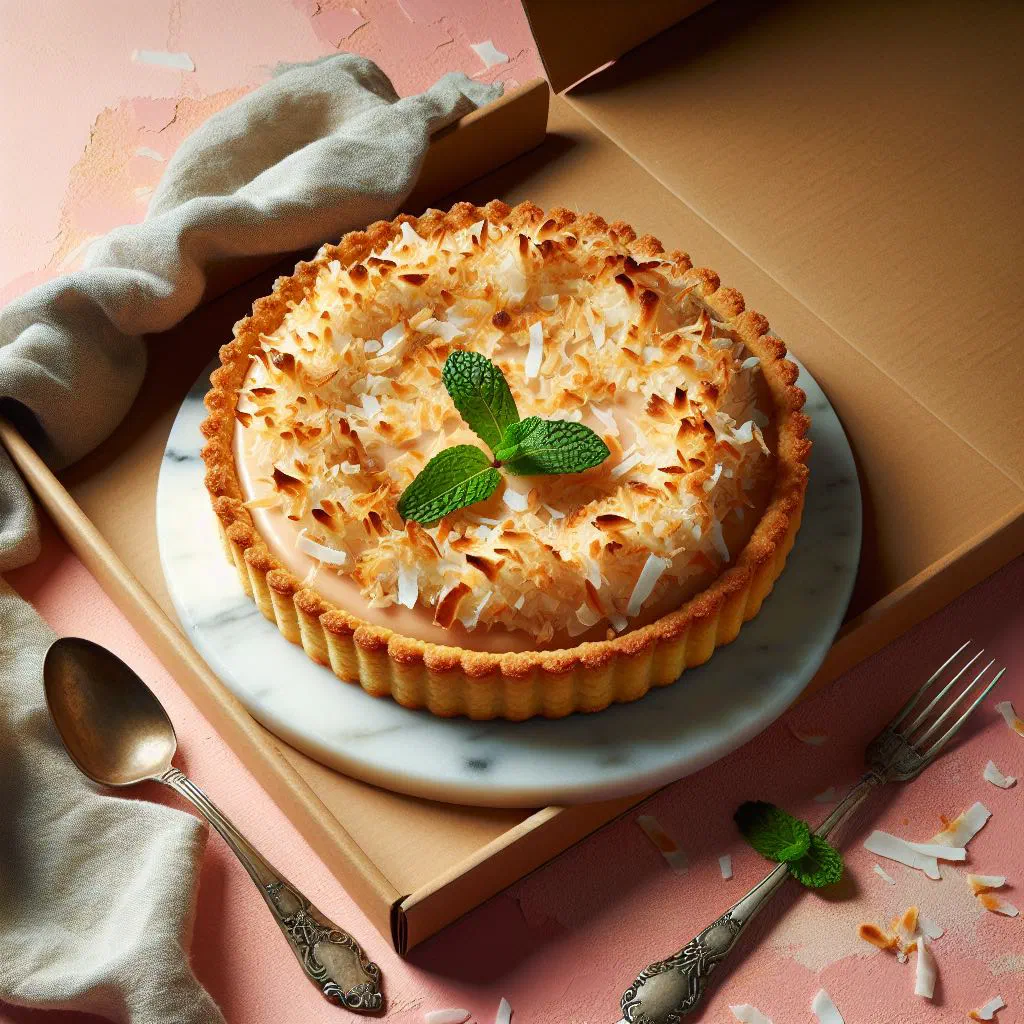 Golden baked coconut tart with a sweet grated coconut filling