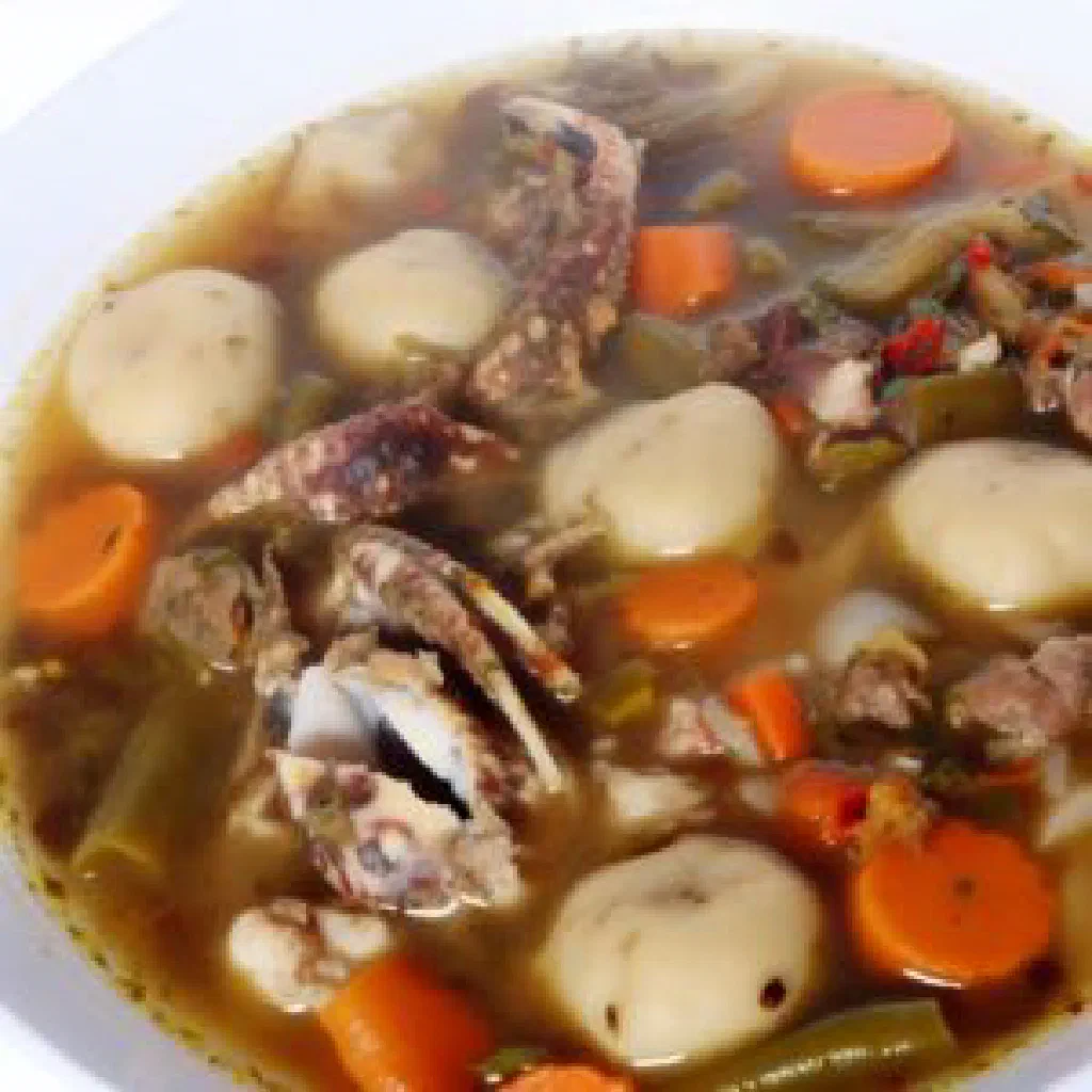Bowl of Vincentian conch water with tender conch, peppers and fresh herbs