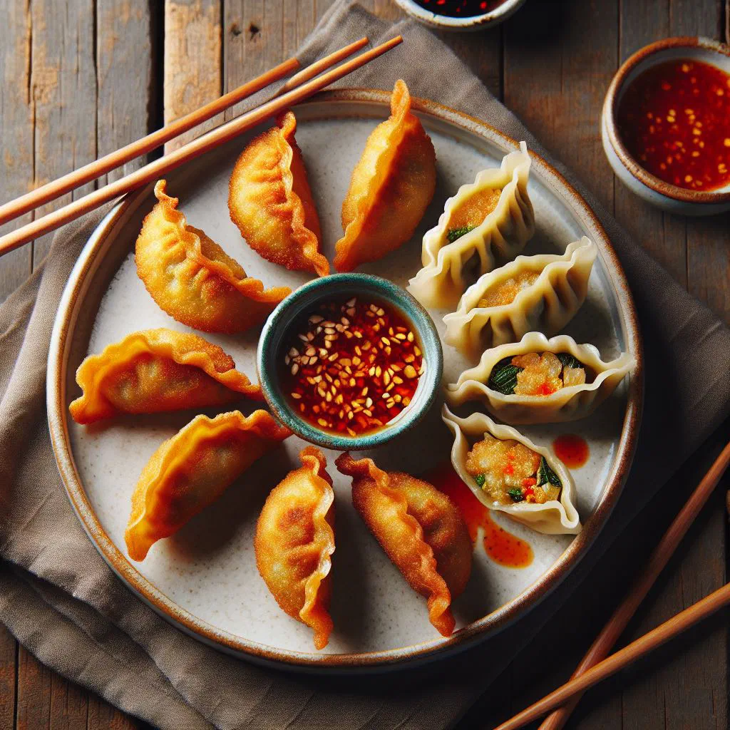 Golden fried dumplings piled in a bowl, crisp outside and soft inside
