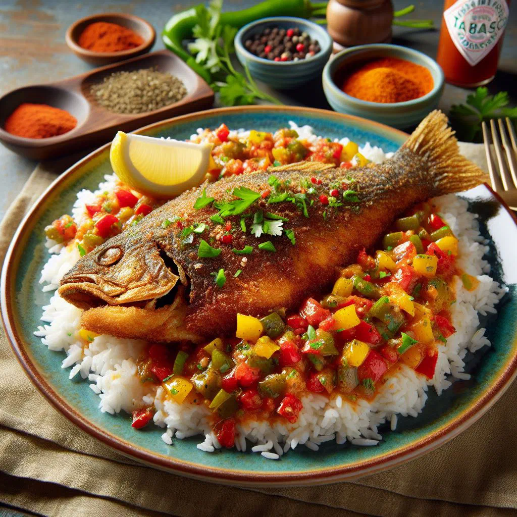 Golden fried whole fish topped with a creole sauce of peppers, tomatoes and onions