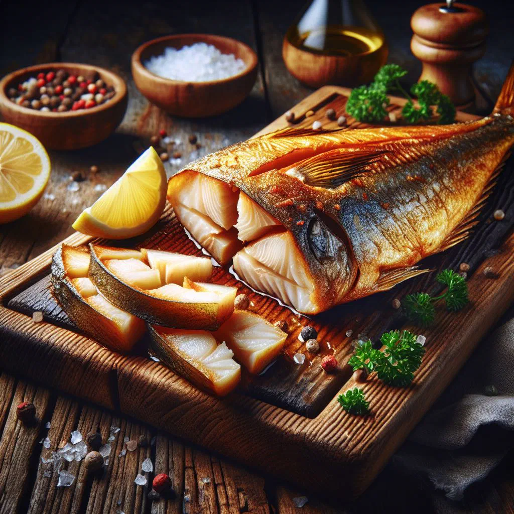 Golden fried jackfish fillets with lemon slices on a plate
