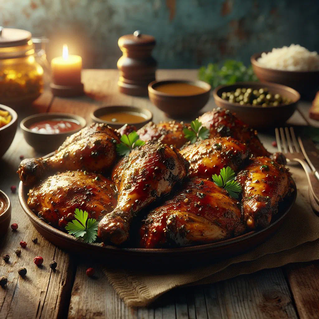 Grilled jerk chicken pieces with lime wedges and fresh herbs
