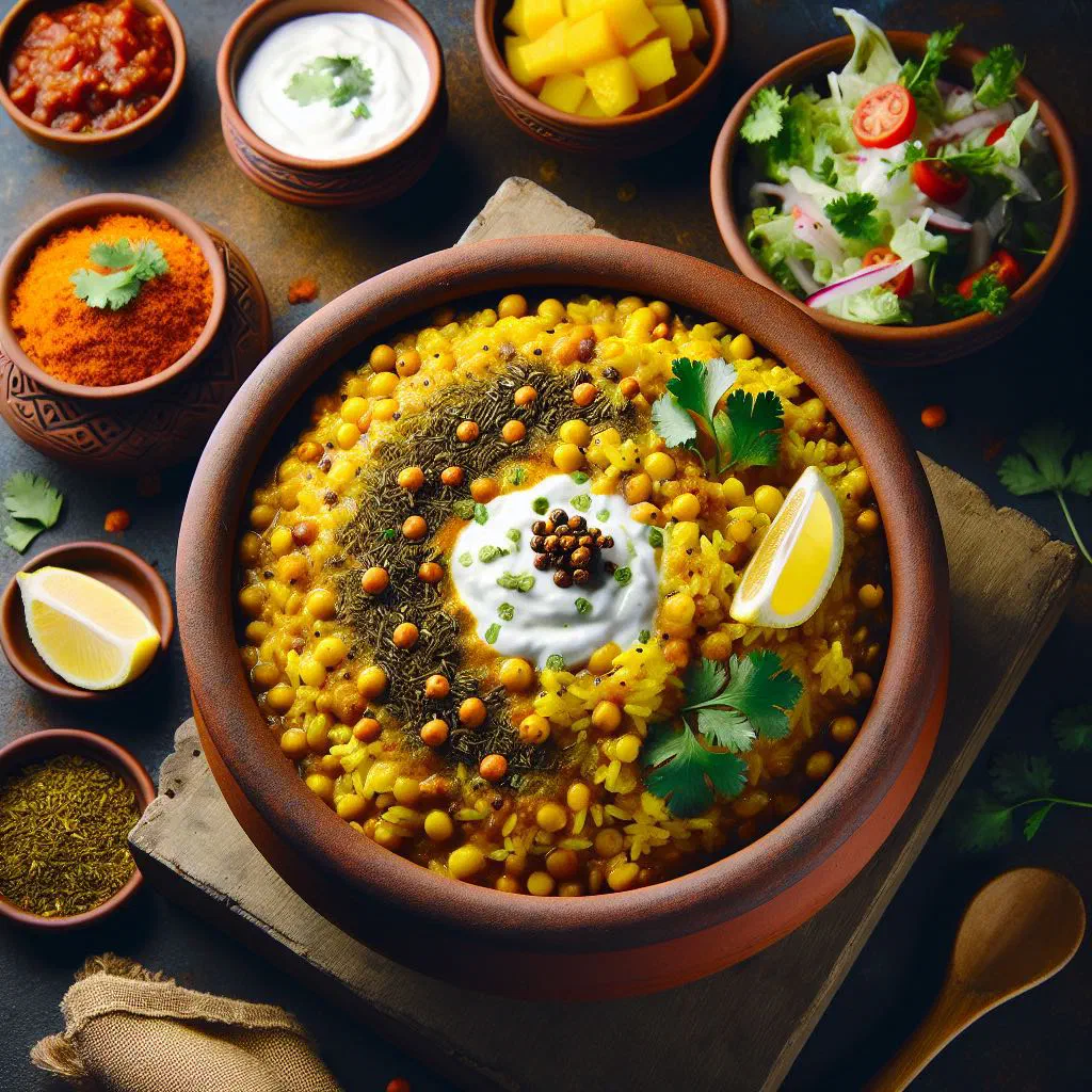 Bowl of kitcheree with spiced rice and lentils, garnished with fresh herbs