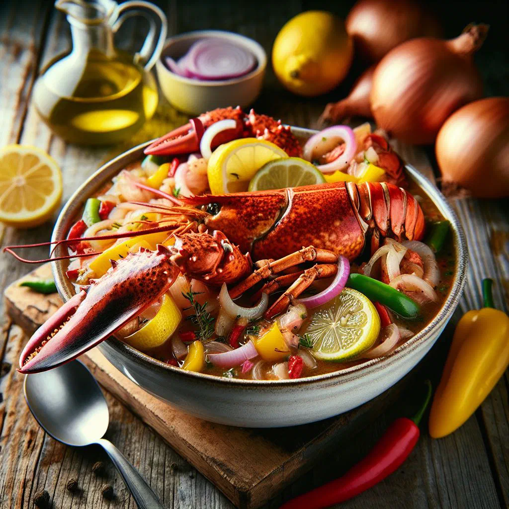 Chilled lobster souse with cucumber, onion and lime in a shallow bowl