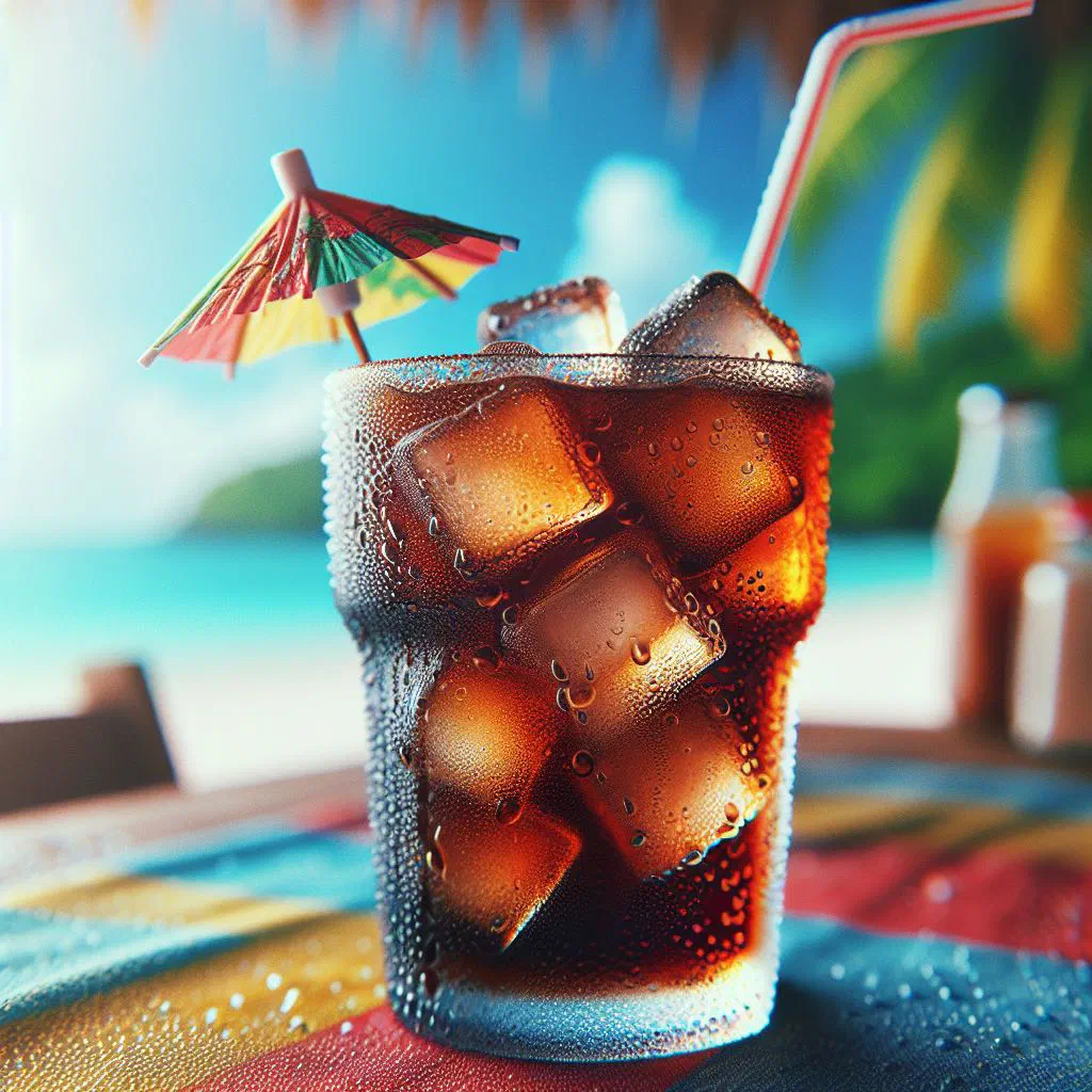 Chilled mauby drink in a tall glass with ice and a slice of lime