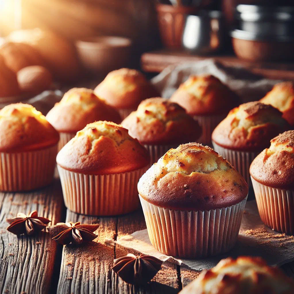 Golden nutmeg muffins in paper cases dusted with grated nutmeg