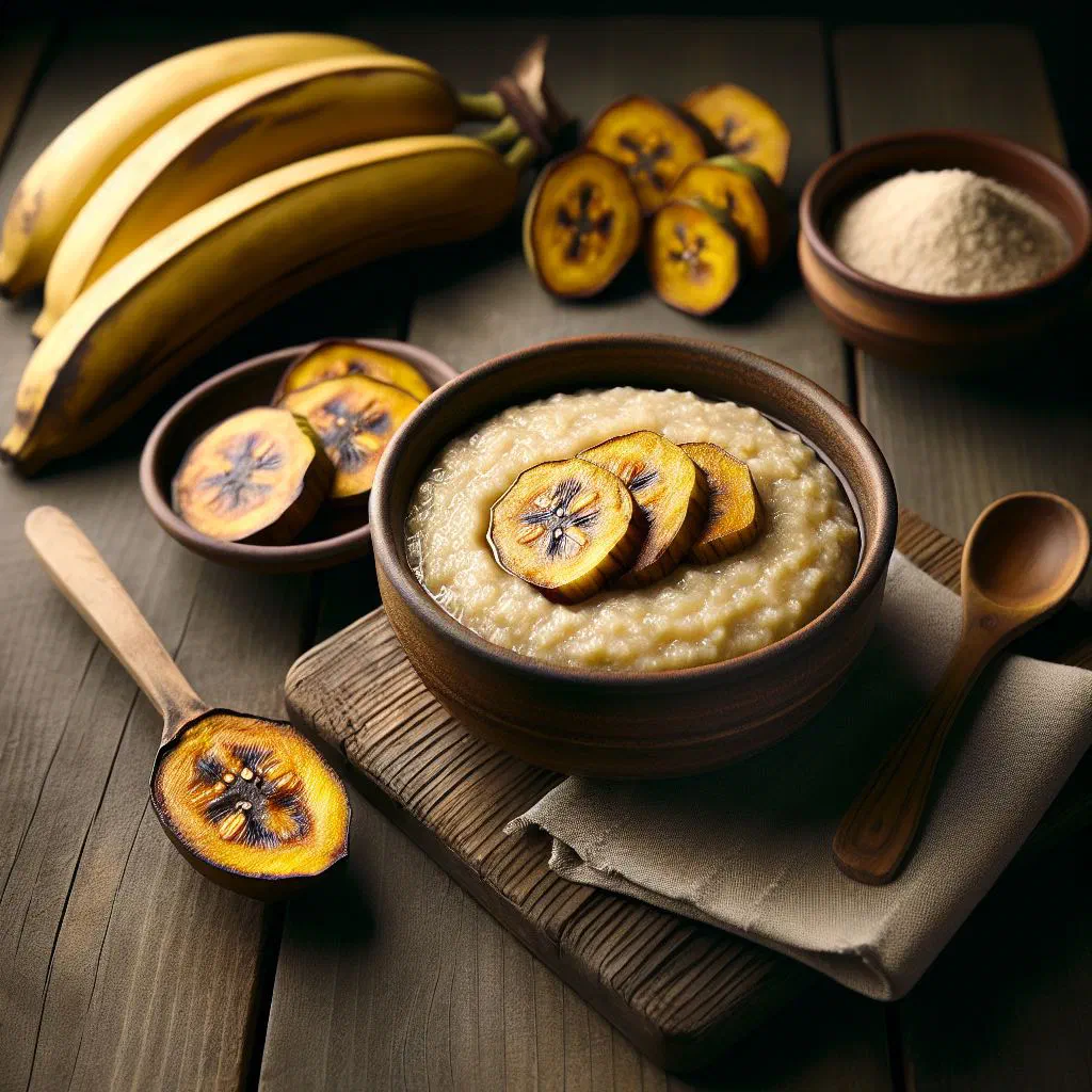 Creamy plantain porridge in a bowl with a dusting of nutmeg