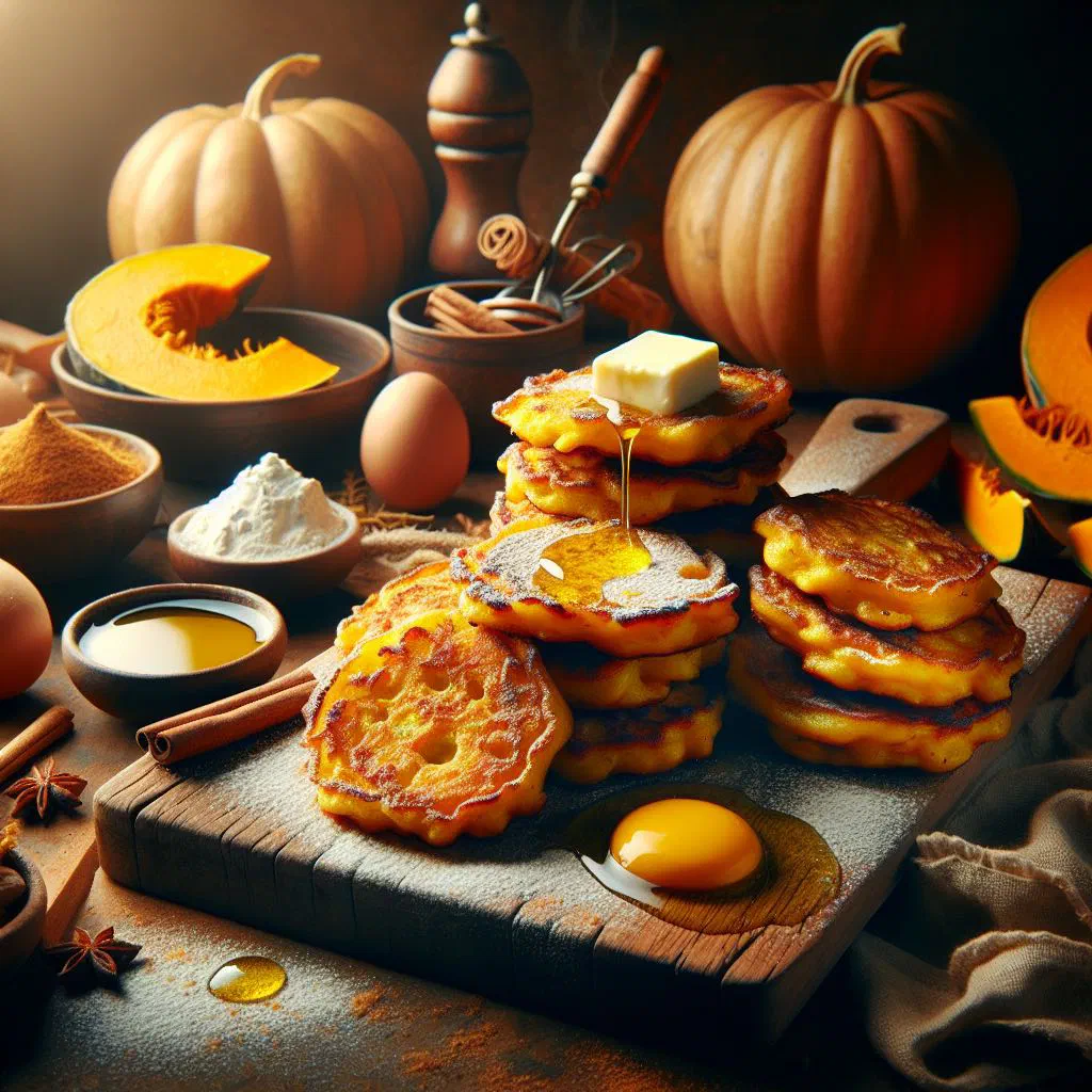 Golden pumpkin fritters piled on a plate with a dipping sauce