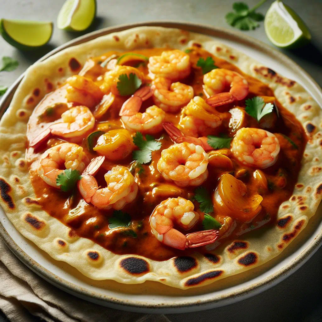 Shrimp roti flatbread filled with curried prawns and onions