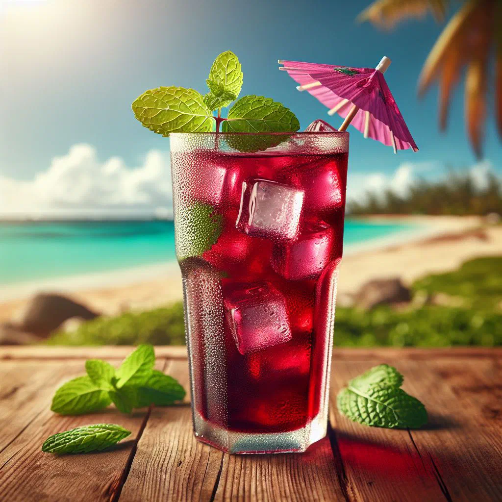 Deep red sorrel drink served over ice with a lime slice
