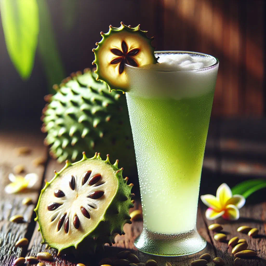 Tall glass of creamy soursop punch garnished with lime slices