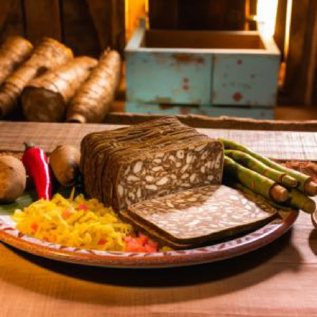 Tania log made from mashed cassava, garnished with parsley and lime