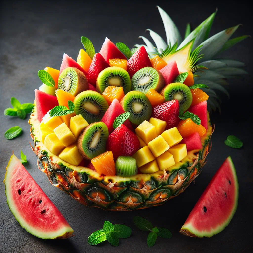 Colourful tropical fruit salad with mango, pineapple and mint leaves