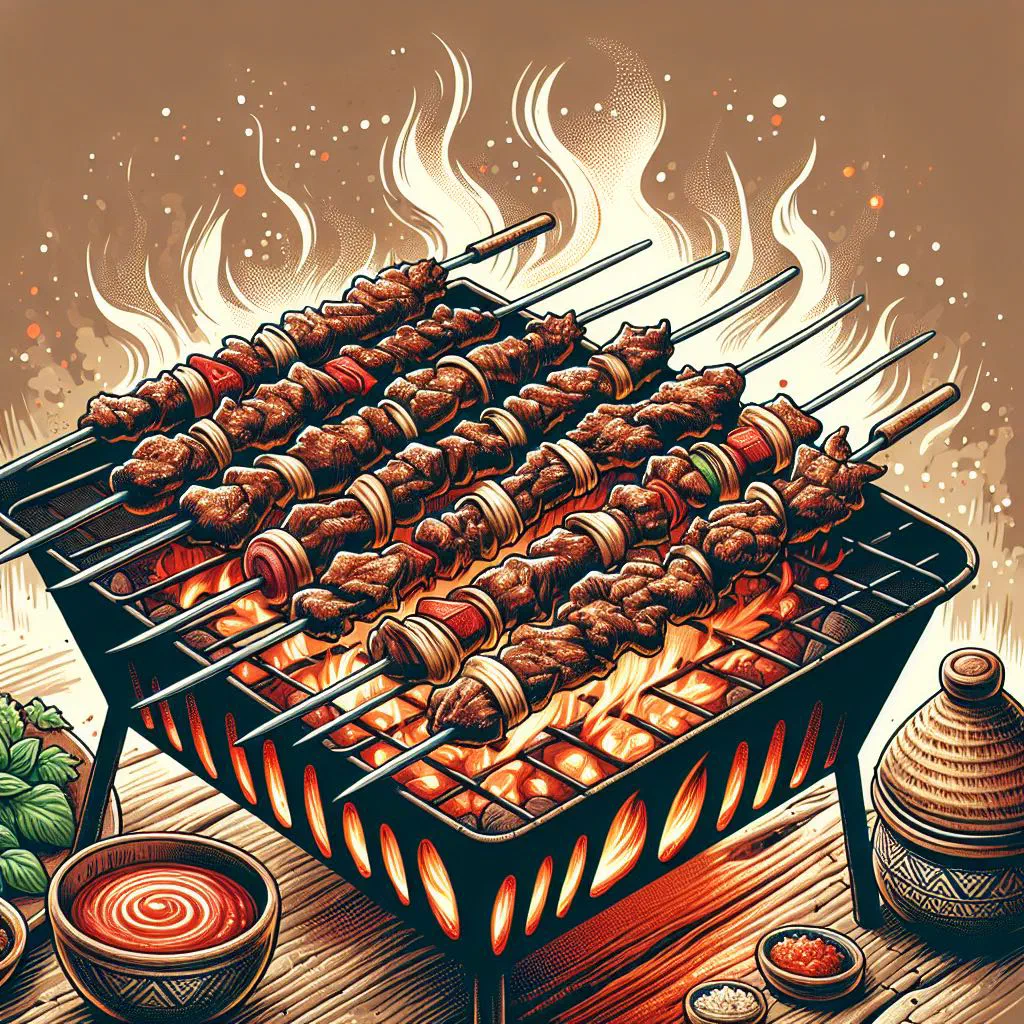 Grilled Sudanese agashe meat skewers with peppers and fresh herbs