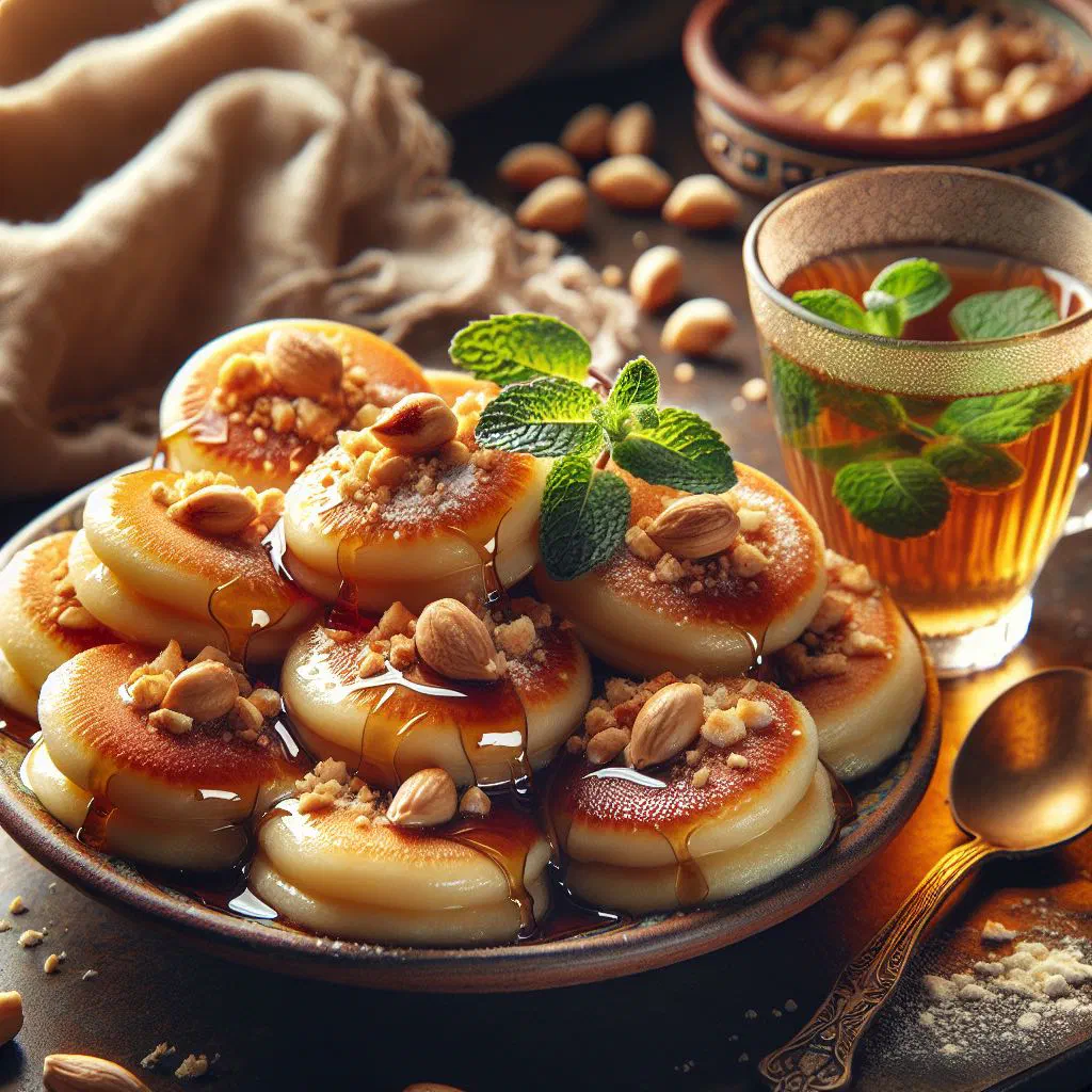 Folded Sudanese atayef pancakes filled with chopped nuts