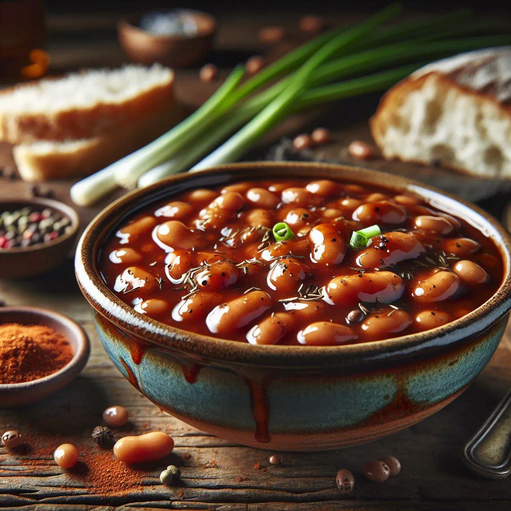 A bowl of Sudanese baked beans in spiced tomato sauce garnished with fresh herbs