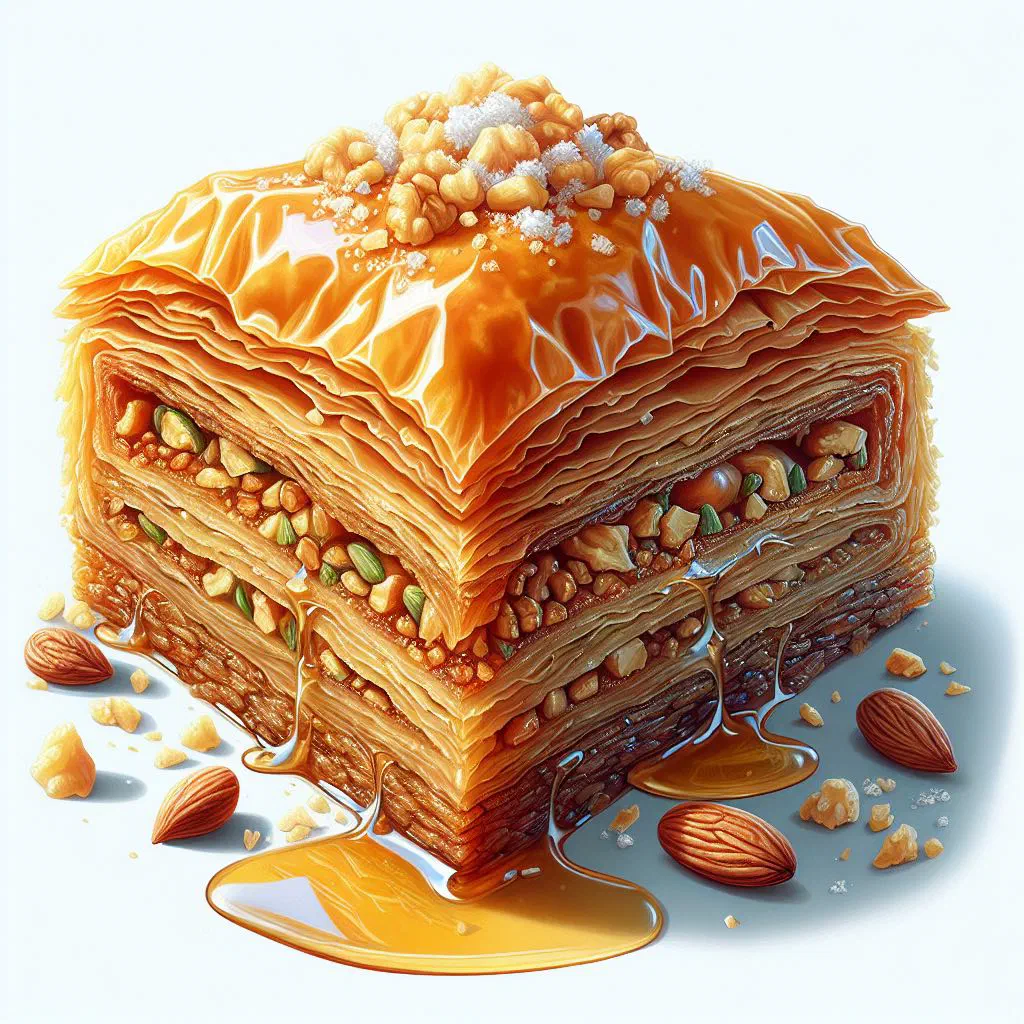 Golden diamond-cut baklava layered with nuts and glistening syrup
