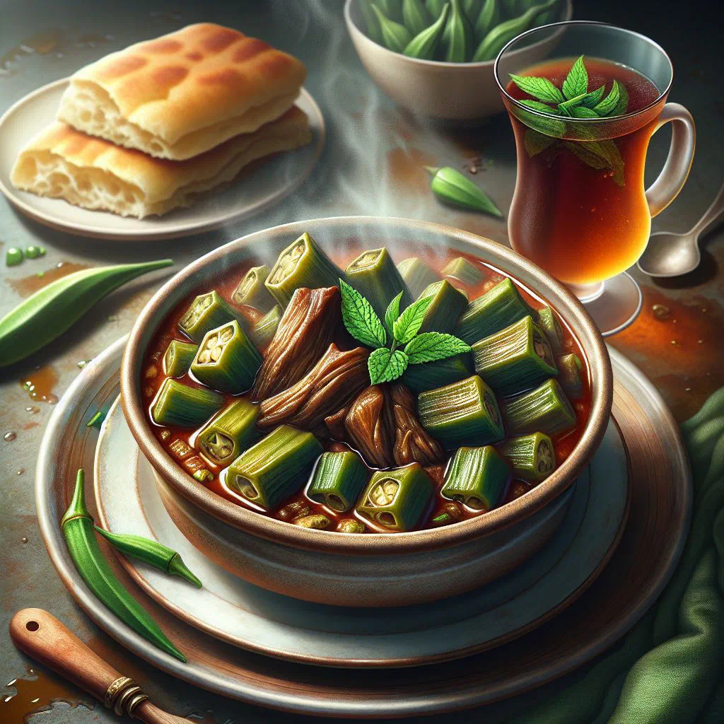 Bamia okra and tomato stew garnished with fresh coriander