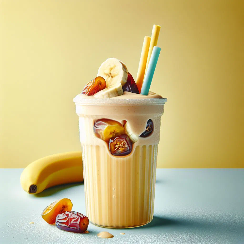 Creamy banana and date smoothie served in a glass with fresh dates