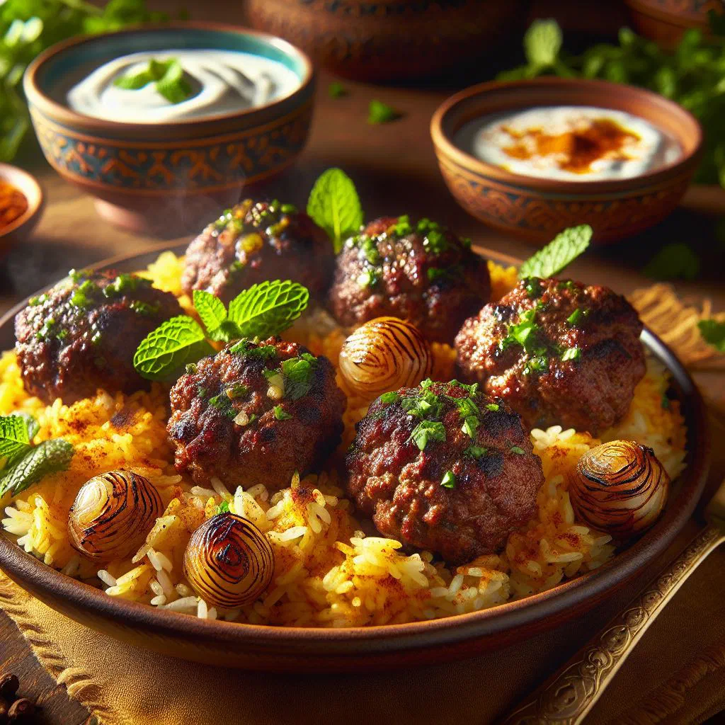 Grilled beef kofta on a plate with flatbread and fresh herbs