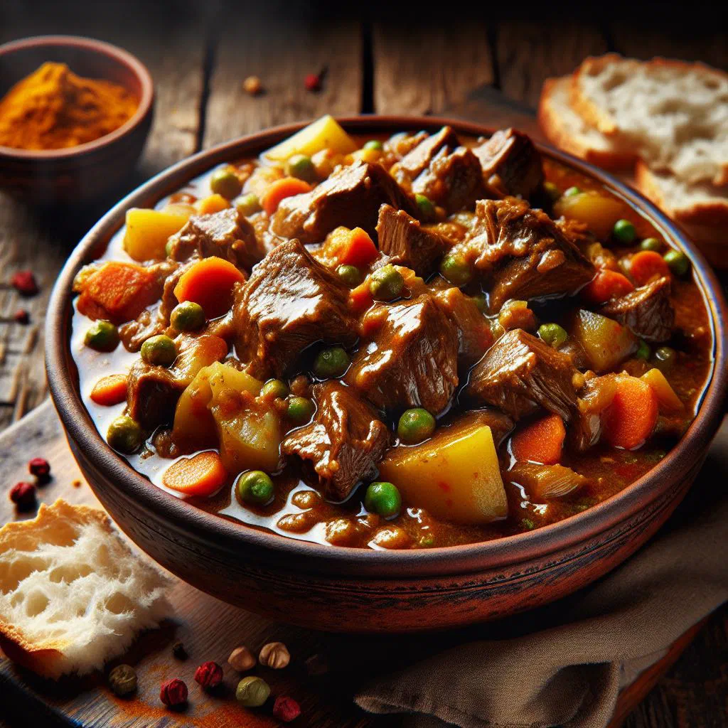 Bowl of Sudanese camel meat stew with potatoes and carrots, garnished with parsley