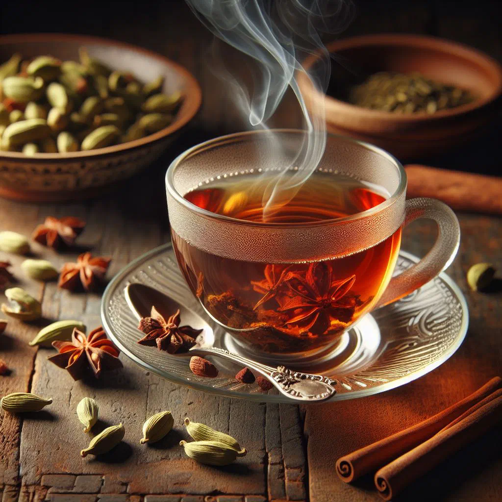 A glass of Sudanese cardamom-spiced tea served with green cardamom pods