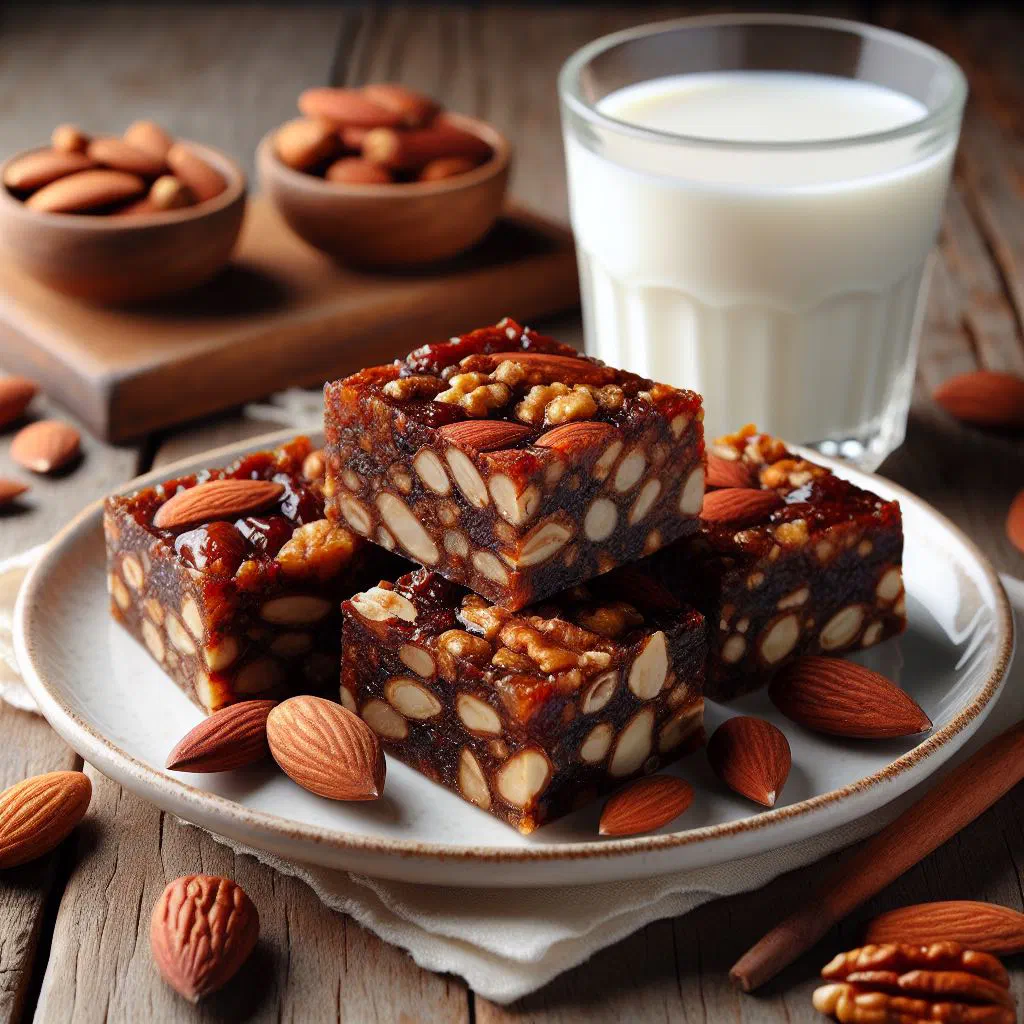 Date and nut bars cut into squares on a plate