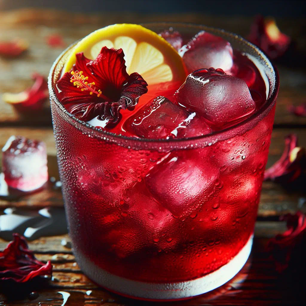 Deep-red hibiscus iced tea in a tall glass with lemon slices and mint