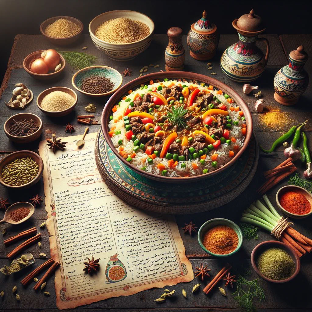 Spiced Sudanese kabsa with rice, chicken and vegetables on a platter