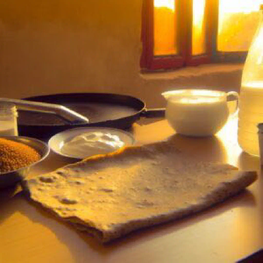 Thin Sudanese kisra flatbread served with a bowl of stew