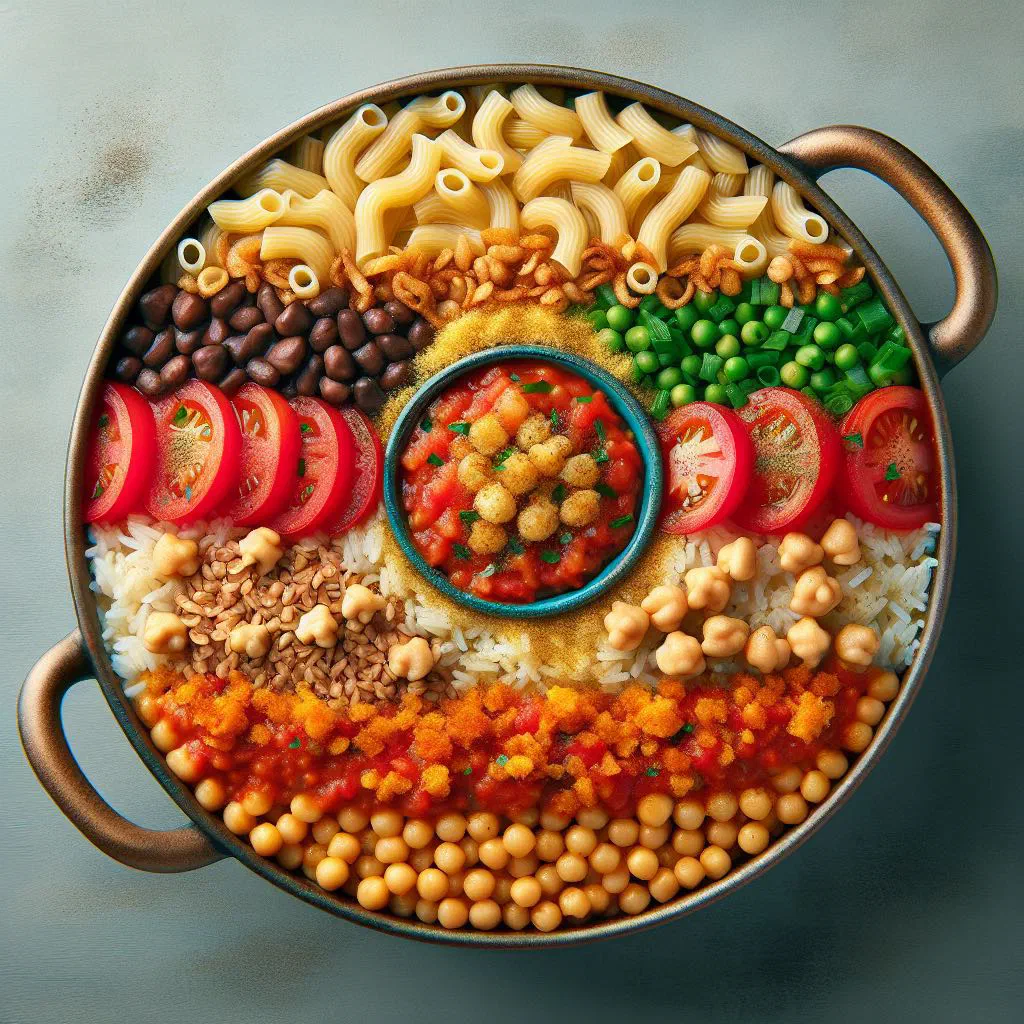 Koshari layered with rice, lentils, macaroni, tomato sauce and crispy onions