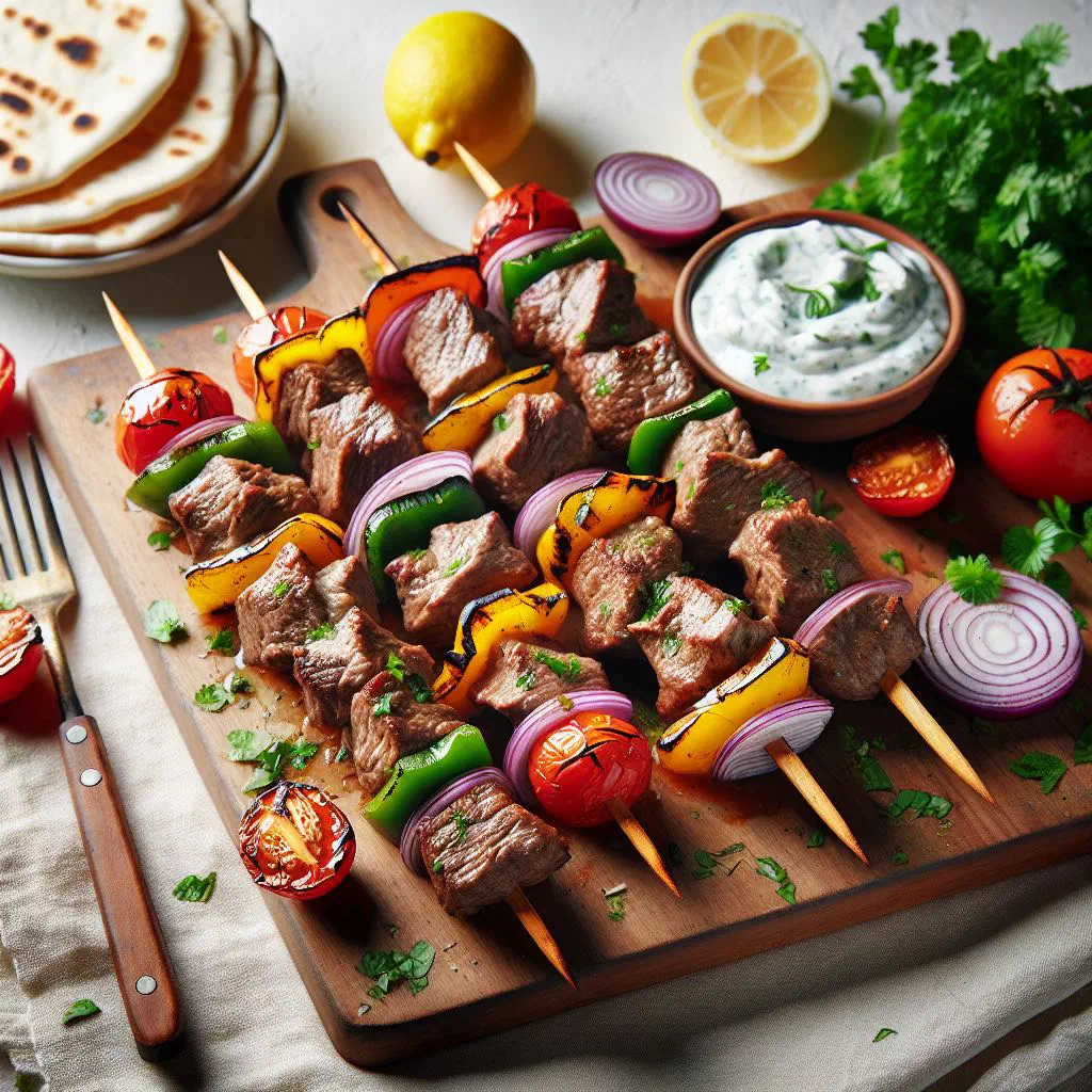 Grilled lamb kebabs on skewers with peppers and onions
