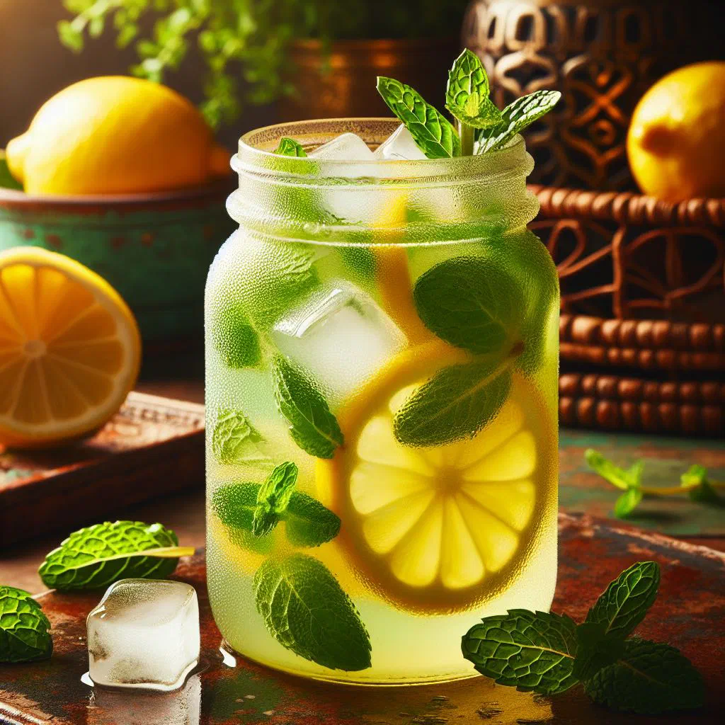 A tall glass of lemon mint juice with ice and fresh mint leaves