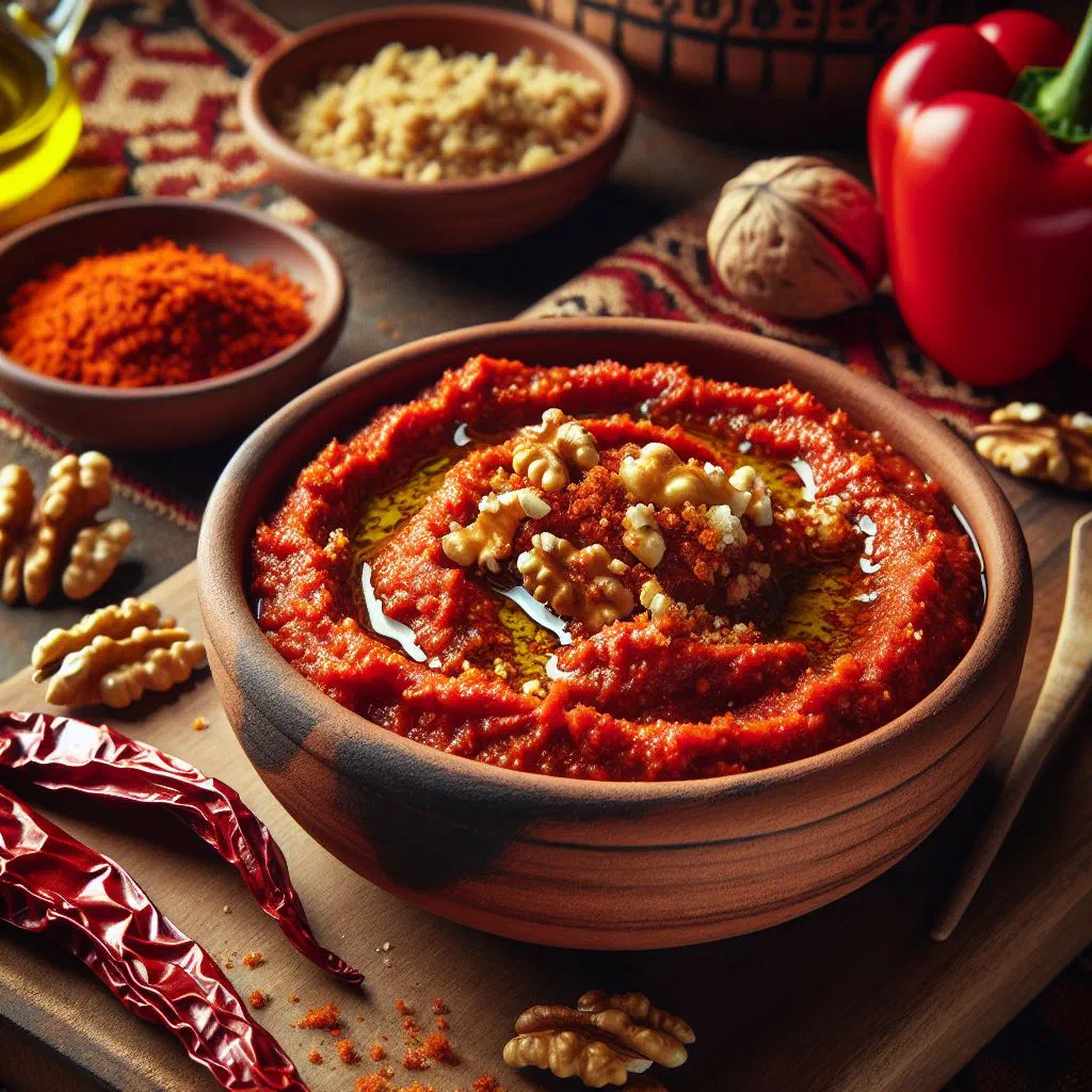 Bowl of muhammara walnut and red pepper dip drizzled with olive oil