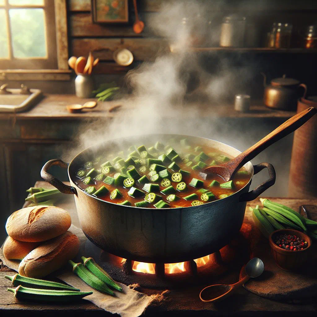 Sudanese okra stew simmered with tomatoes and spices in a bowl