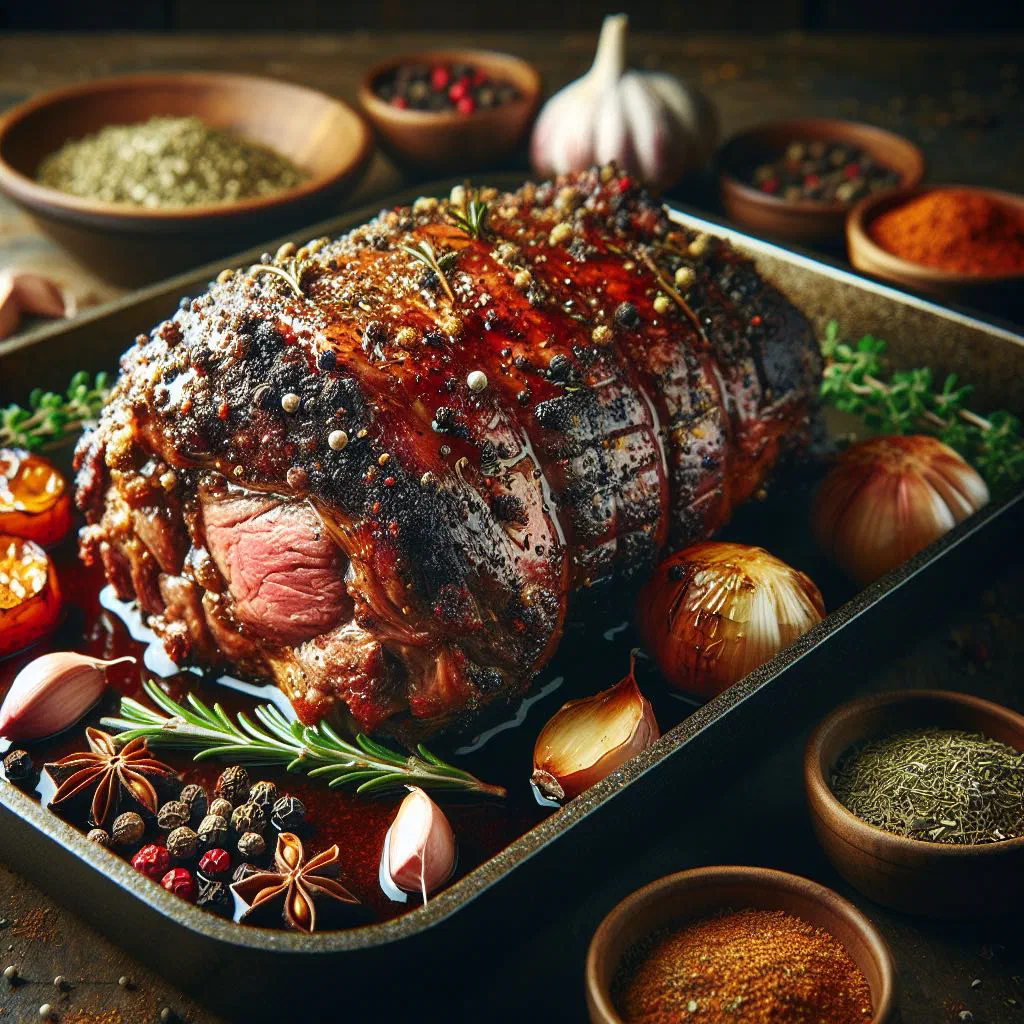 Roasted spiced lamb garnished with fresh herbs on a rustic board