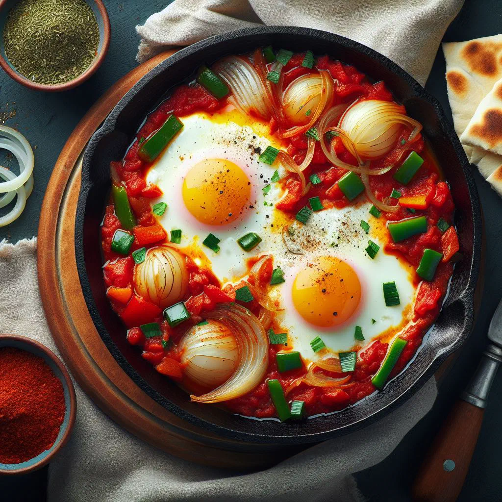 Shakshuka with poached eggs in a spiced tomato sauce, garnished with fresh herbs