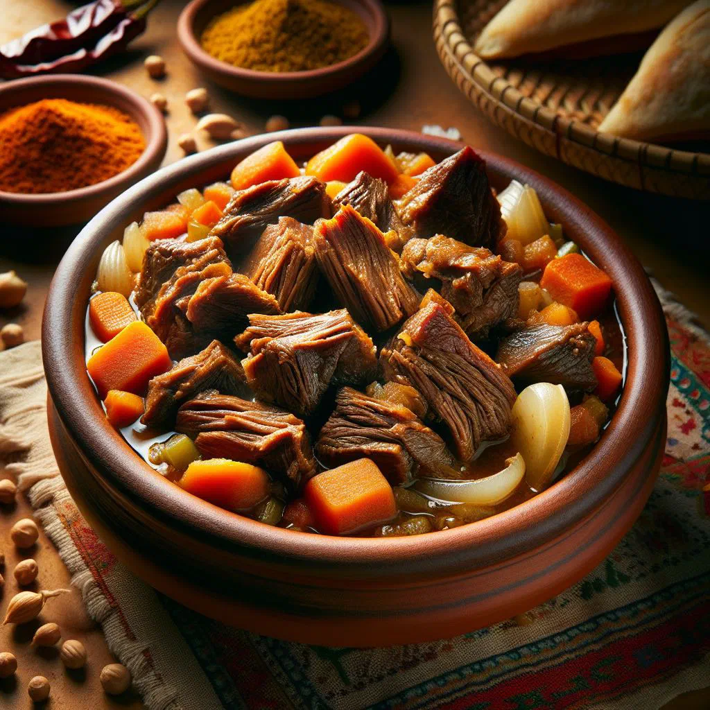 A hearty Sudanese dried-meat stew with carrots and peppers in a rich broth