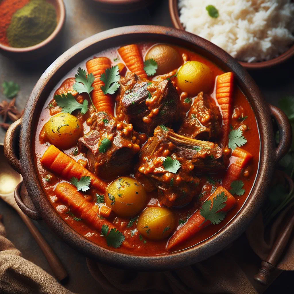 Sudanese lamb curry in a bowl garnished with fresh coriander