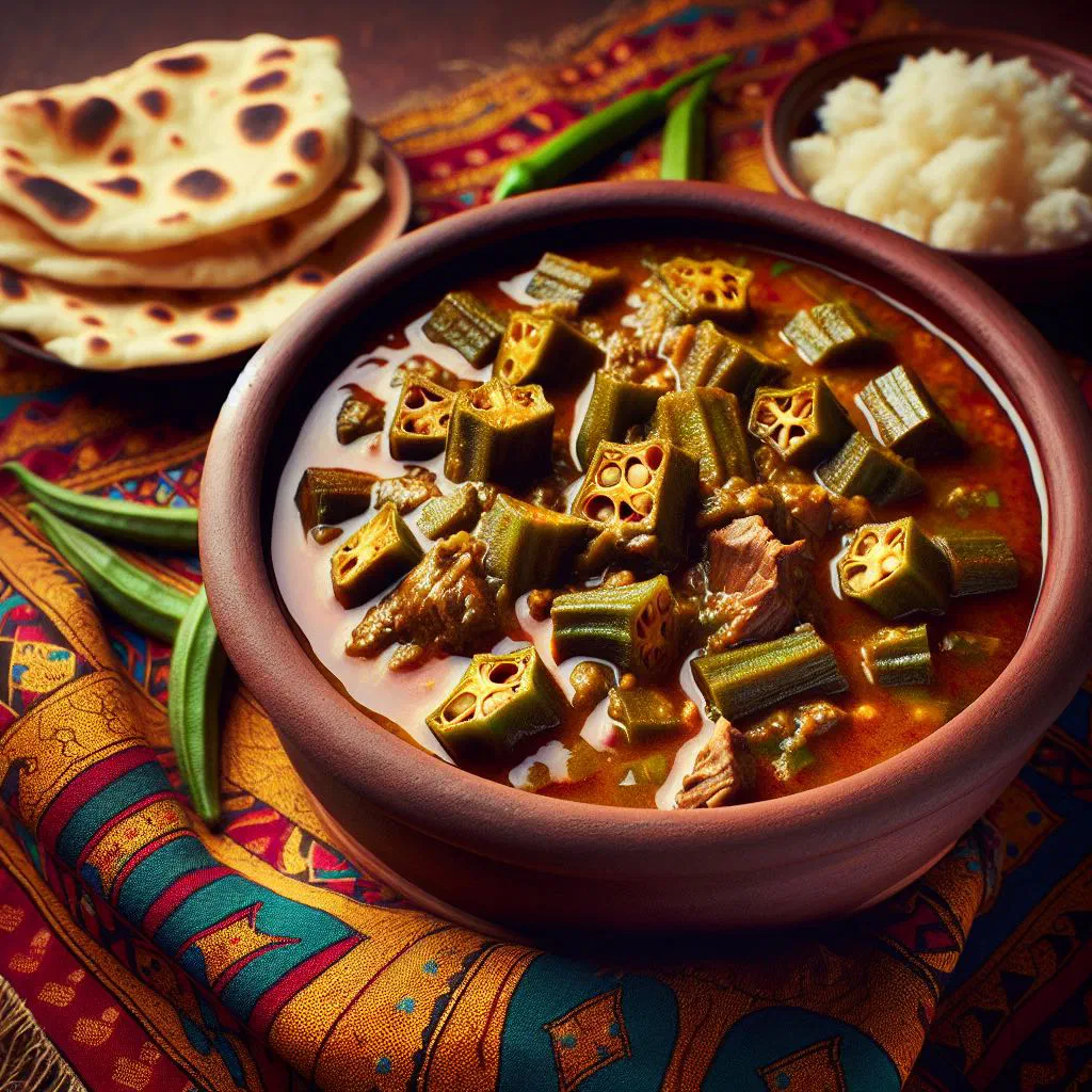 Sudanese okra stew with tender meat and spices in a deep bowl